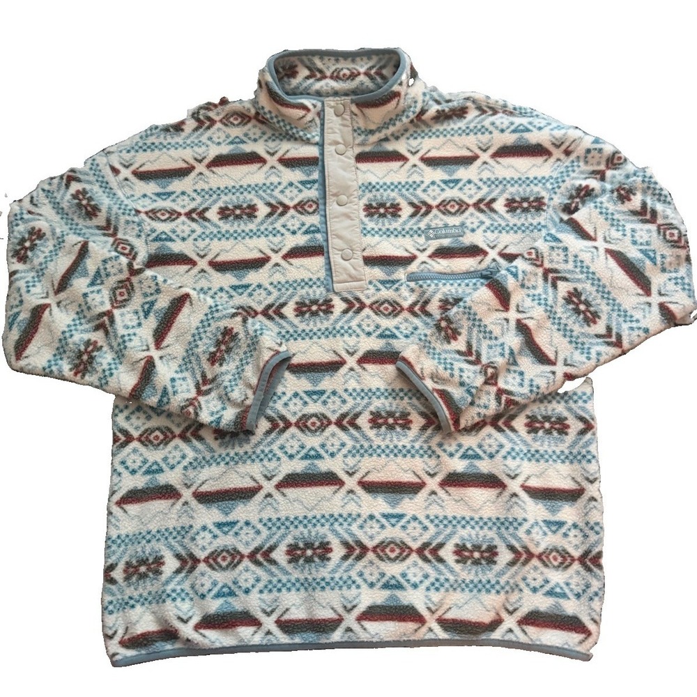Columbia Women's L Snap Pullover Geometric Pocket Jacket Beige Blue Brown